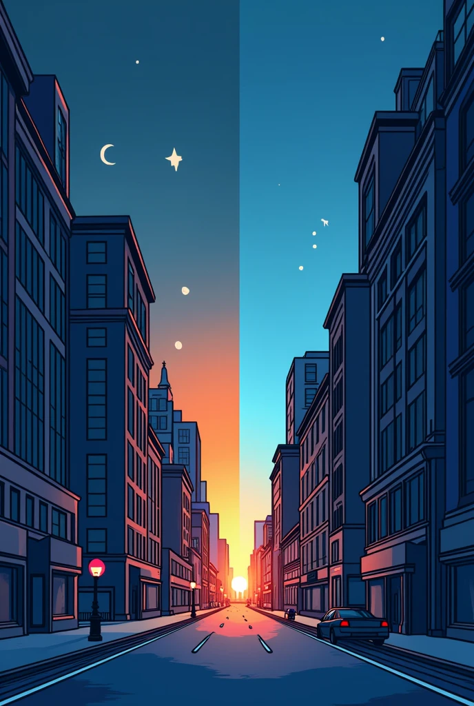 Create a line art illustration of day and night split in half,in a city buildings