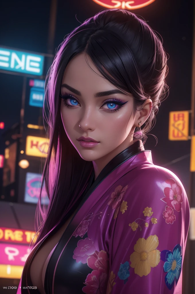 a colorful latex kimono suit, beautiful detailed eyes, beautiful detailed lips, extremely detailed eyes and face, long eyelashes, 1 girl, illustration, digital art, vibrant colors, neon, glowing, dramatic lighting, cinematic, atmospheric, detailed background, intricate design, masterpiece, (best quality,4k,8k,highres,masterpiece:1.2),ultra-detailed,(realistic,photorealistic,photo-realistic:1.37)