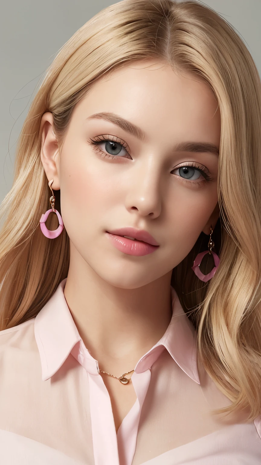 1 2 blonde woman with long hair posing for a picture, Beautiful blonde woman, beautiful blonde woman, (She is blushing and making a kissy face1.2), ((Her face is turned upwards:1.3)), Beautiful, well-cared for blonde, 8K Portrait, (Angle of view from above and in front:1.4), Smooth blond woman, (Slim figure top model:1.2), breast enhancement, (Blonde Swedish woman), (Blonde eyebrows), Glossy long blonde hair, (She's droopy eyes and the eyes are half-opened:1.1), ((Her thick plump and parted lips:1.5)), (Her upper body photo), (A person in the center left and right, The whole head is shown:1.3), (Pastel colored buttoned collared blouse:1.3), (A very simple necklace and very simple earrings), Perfect Makeup, at the office