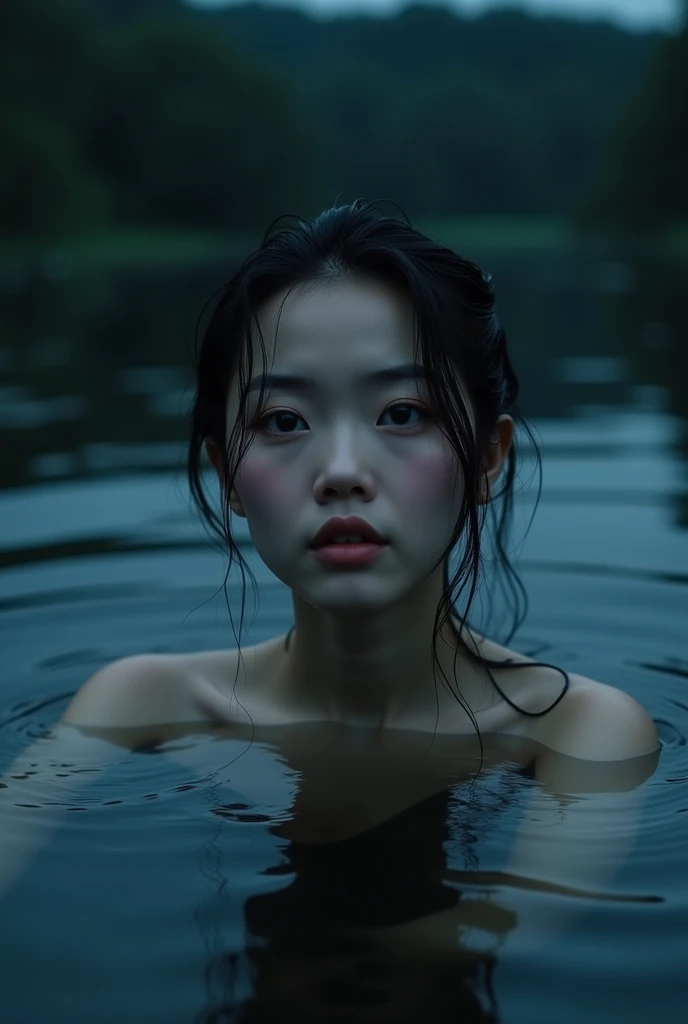 Dark close-up scene of a Japanese woman bathing in a moonlight lake ...
