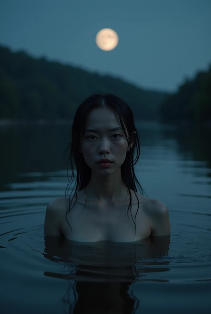 Dark close-up scene of a Japanese woman bathing in a moonlight lake, view from front, photo. Realistic skin textures
