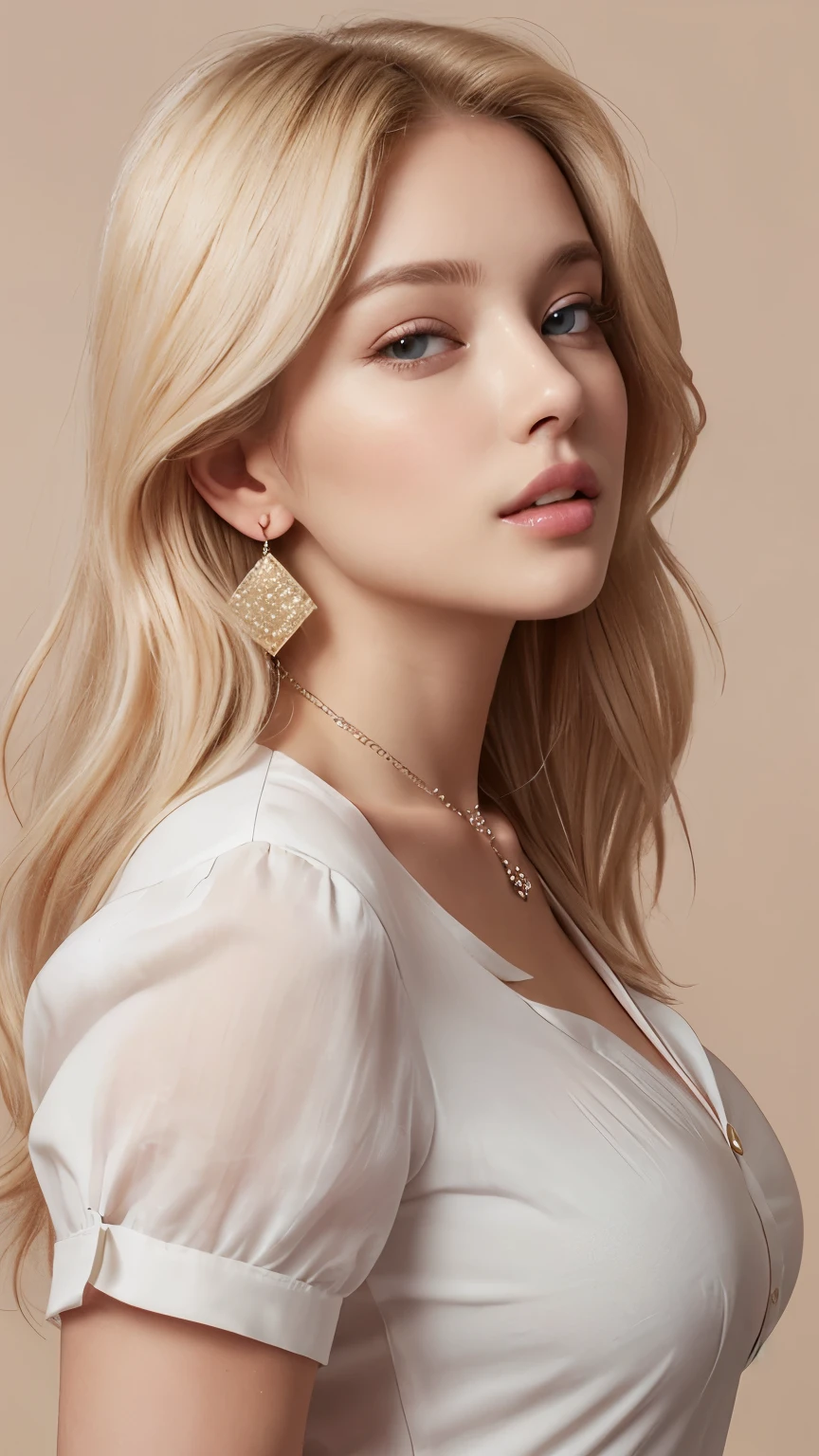 1 2 blonde woman with long hair posing for a picture, Beautiful blonde woman, beautiful blonde woman, (She is blushing and making a kissy face1.2), ((Her face is turned upwards:1.3)), Beautiful, well-cared for blonde, 8K Portrait, (Angle of view from above and in front:1.4), Smooth blond woman, (Slim figure top model:1.2), breast enhancement, (Blonde Swedish woman), (Blonde eyebrows), Glossy long blonde hair, (She's droopy eyes and the eyes are half-opened:1.1), ((Her thick plump and parted lips:1.5)), (Her upper body photo), (A person in the center left and right, The whole head is shown:1.3), (Pastel colored buttoned collared blouse:1.3), (A very simple necklace and very simple earrings), Perfect Makeup, at the office