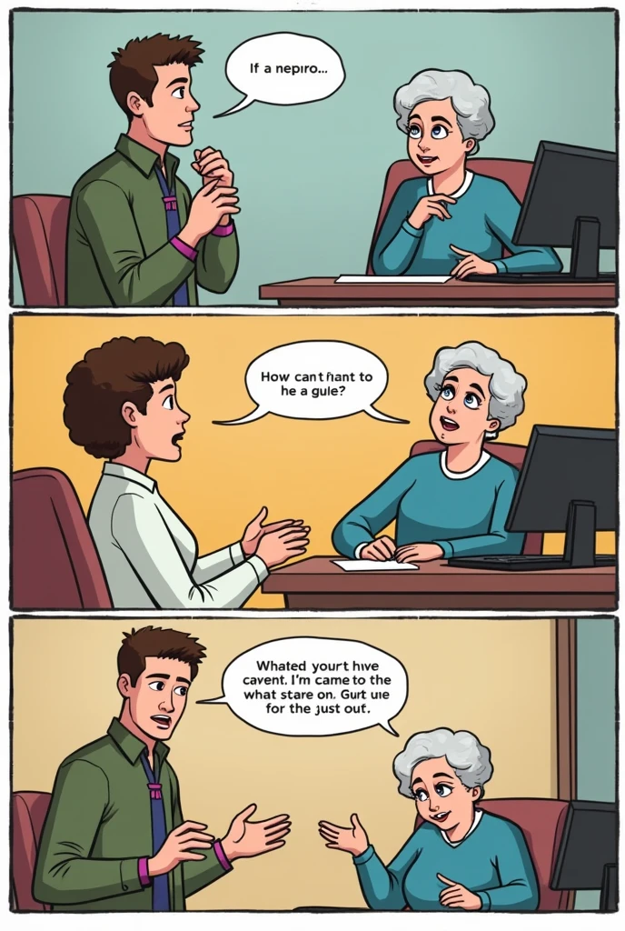 ENGLISH SUBTITLE COMICS STRIP ABOUT : *The Online Security Debate*
*Panel 1:*
- *Setting:* A cozy living room with a TV in the background.
- *Characters:* A young adult (Digital Native) and an older adult (Digital Immigrant).
- *Dialogue:*
- Digital Immigrant: "I got an email saying I won a prize! Should I click the link?"
- Digital Native: "No! It’s a phishing scam! You could get hacked."
*Panel 2:*
- *Setting:* The young adult is sitting at a computer desk, frustrated.
- *Characters:* Same as the first panel.
- *Dialogue:*
- Digital Immigrant: "But how can you tell? It looks so real!"
- Digital Native: "The URL is suspicious, and they’re asking for personal information. Always check before you click anything."
*Panel 3:*
- *Setting:* The older adult now looking bewildered, holding a smartphone.
- *Characters:* Same as before.
- *Dialogue:*
- Digital Immigrant: "This is too complicated! Back in my day, we just trusted what was in our mail."
- Digital Native: "Times have changed. Online safety is a must now!"
