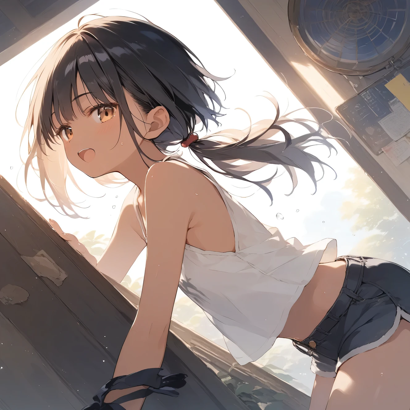 score_9, score_8_up, score_7_up, source_anime, best quality, masterpiece, official art, absurdres, highres, ultra-detailed,waifu2x,Collection: Slice of Life,break,1girl, tomboy, dark-skinned female, short hair, low ponytail, flat chest, beautiful detailed eyes, shorts, sweat, open mouth, (yawn:0.3), sleepily, outdoors, wind, (Detailed Lighting), (Detailed background),break,(clear line illustration:1.2), super detailed skin,very high resolution, very aesthetic, Best sexual lighting powered by famous artist, 8k, 16k, cute picture,beauty illustration,photoshop_(medium),,(Detailed Lighting),best anime 8k konachan wallpaper, pixiv contest winner, ((artist:takeuchi_takashi )),
