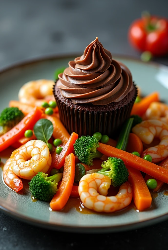 Plate with stir fry vegetable, butteres shrimp and chocolate cupcake