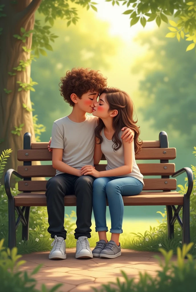 A boy  who is 150 cm tall with brown curly hair and black trousers white shoes kisses and hugs a girl with slightly longer hair wearing blue jeans and grey shoes and a white top in a park on a bench. They are the same height and the same age  