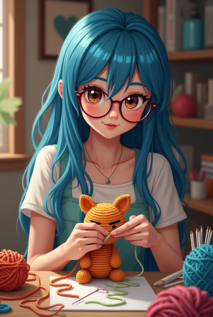 young woman with long blue hair and brown eyes wearing glasses making amigurumi cartoon drawing