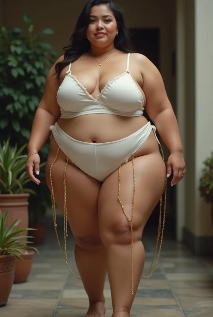 araffed woman in a white bra top and gold chains on her legs, beautiful thick female, thick body, voluptuous body, voluptuous and arousing, voluptuous figure, curvy, tease, giant stunning goddess shot, persian queen, thick legs, curvy hourglass figure, thick thighs, thick, asian, full length shot, wide hips