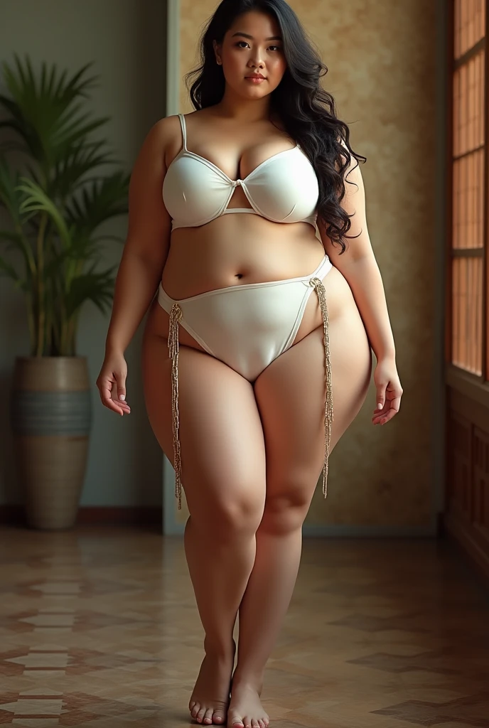 araffed woman in a white bra top and gold chains on her legs, beautiful thick female, thick body, voluptuous body, voluptuous and arousing, voluptuous figure, curvy, tease, giant stunning goddess shot, persian queen, thick legs, curvy hourglass figure, thick thighs, thick, asian, full length shot, wide hips