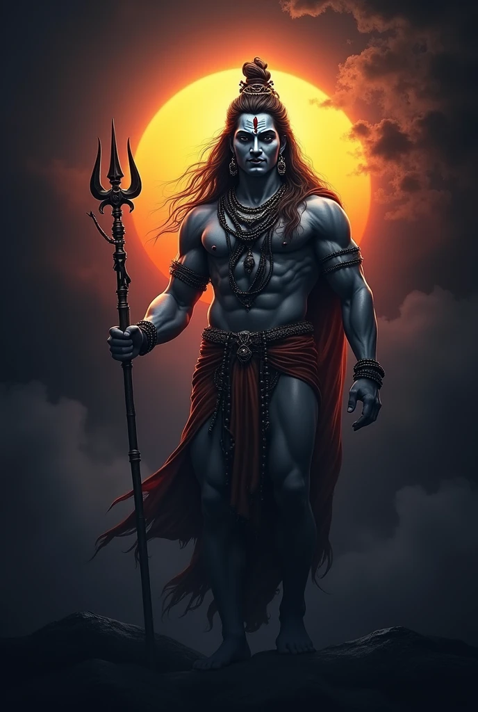 HD image of Mahadev in black background and sun rice decent smile and their trishul in hand and not thin
