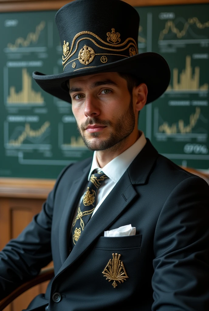 I would like a profile photo for Instagram and YouTube of an alchemist economist character, where the character must have an alchemist hat, with a jacket and tie, in a very nice office and with a blackboard behind, with economic graphs