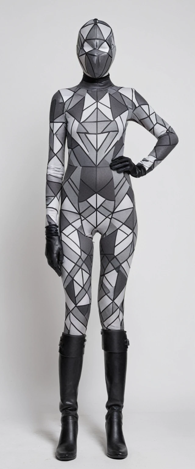 Full-length portrait of a woman wearing a ZENTAI bodysuit of faceless neoprene fabric with black, gray and white large geometric triangle patterns, blind mask, long black leather gloves and long black rubber boots, standing against a white background