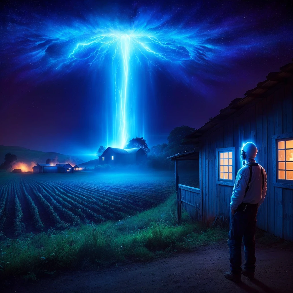 a blurry image of a man standing in front of a barn with a beam of light above him, ufologia, alien abduction, astonishing background, glowing holy aura, incredibly epic visuals, spirits coming out of the portal, portrayed as a science fiction scene, look at the nuclear explosion, UFO hijacking, shock waves are coming out, bright dark aura, aura of electricity, !!comely!!