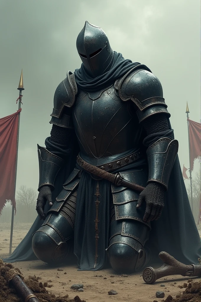 Create a king's black knight who is slowly dying
Kneels down