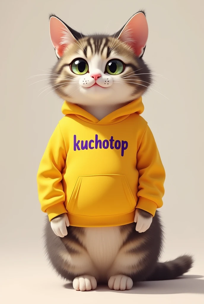 A cat with a yellow shirt with purple letters kuchotop