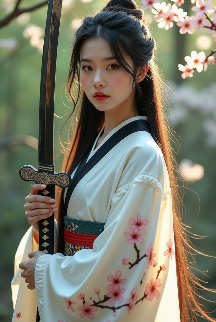 
creates a realistic image, a beautiful japan woman with long flowing hair wearing a long-sleeved Japanese kimono dress  with detailed images of yaezakura flowers in certain parts of each piece of the dress, the part of the dress looks complicated but very elegant, the dress is white with the top of the neck of the dress black and the cuffs are white with a mix of colors, the dress is very complicated but cool, the dress is captivating with its beauty, so enchanting with real beauty, very realistic, holding a long katana sword with intricate and beautiful details on each blade, holding it with both hands hand and holding it to the side, the background of a peaceful forest in spring in Japan, realistic, cinematic, photographic