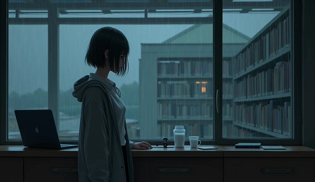 In the evening, the drops of rain spread out and covered the windows of the library. Regarding the librarian's room at the service desk, strange events occurred with the disappearance or replacement of the female librarian. Although she seemed to be the same person, her personality was completely different, with her dressing style of wearing a hoodie over a white collared shirt and a black skirt, and her hair was shoulder-length. Her hair and the hoodie covered her face, making it impossible to see her true face.