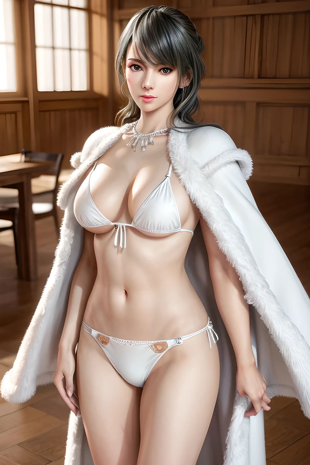 A lady with extraordinary temperament, she stands in a modern indoor space, as if she is a model from a fashion magazine. She is wearing a (pure white long fur cape), the softness and luster of which makes her look more noble under the light, and complements her (Fishingnet bikini:1.1) underneath, showing her gentle temperament while maintaining a sense of fashion. The style of the dress is simple and generous, a perfect match, and it lengthens her figure, making her tall and charming. The lady's makeup is delicate and elegant, which just highlights her facial features and makes people unforgettable at first sight. Although the earrings and necklace she wears are not ostentatious, they add a bit of sophistication and nobility to her overall look. Her hair is casually draped over her shoulders, and every strand of hair exudes a natural luster,, (best quality,8k,highres,masterpiece:1.2),ultra-detailed,(realistic,photorealistic,photo-realistic:1.37),studio lighting,ultra-fine painting,sharp focus,physically-based rendering,extreme detail description,professional,vivid colors