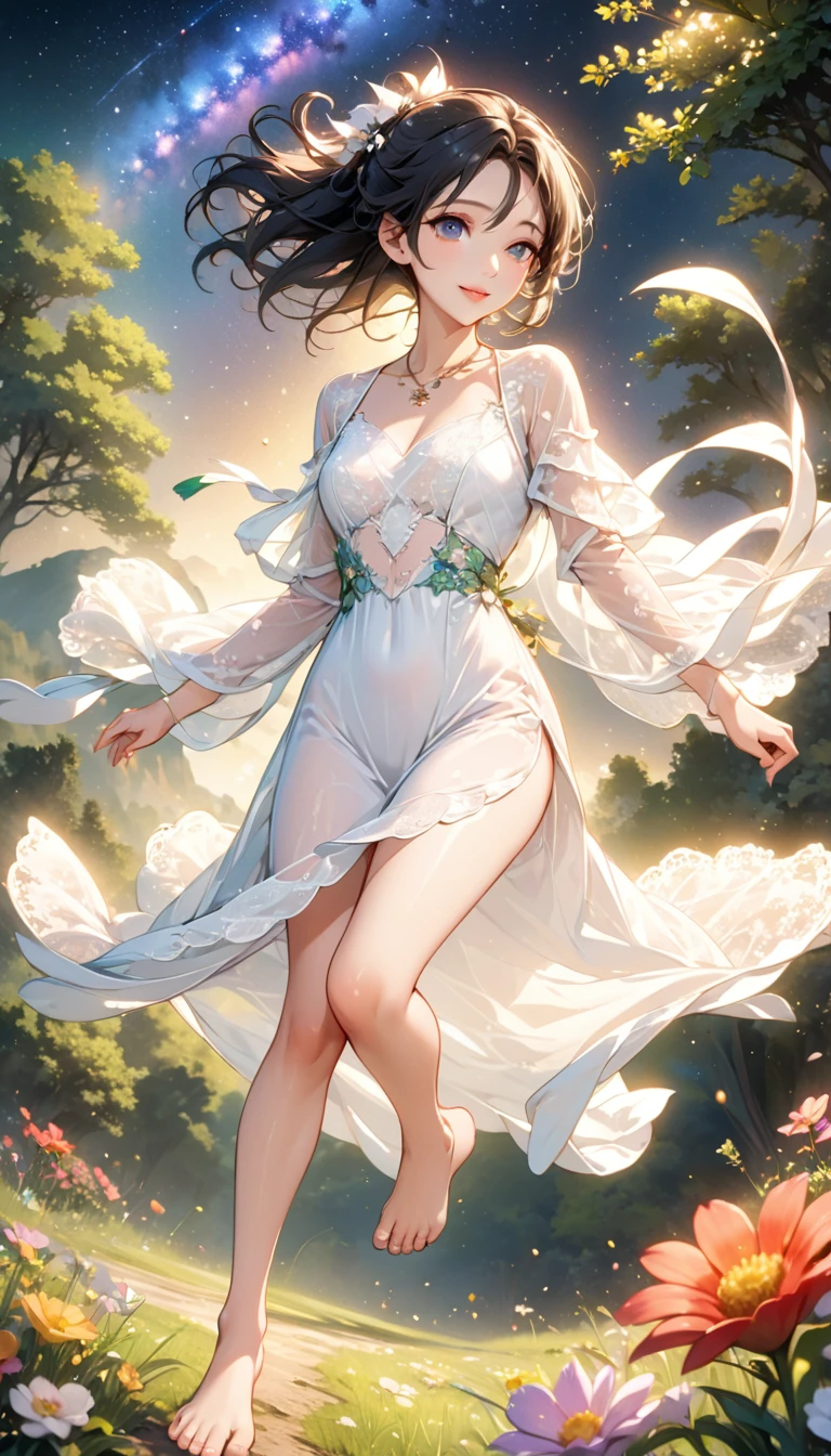 (masterpiece、Highest quality、8k、High resolution)、1 female、Beautiful eyes with slit length、Cute lips、Beautiful Nose、Brownish black hair、smile、(Best anime girl)、Green grassland with forest view、Walking,(Barefoot, off the ground, flying, running, high, high),Colorful flowers blooming in the field,A bright night with the stars clearly visible、milky way、(Mysterious light particles from the whole body、Colorful light particles)、jewelry、necklace、White lace dress、(Beautiful full body style)、Highly detailed anime art、A complete portrayal、
