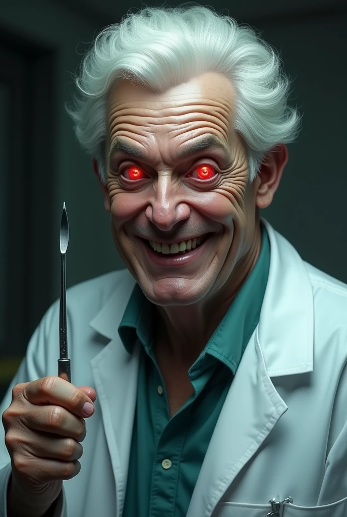 Man with white hair and red eyes, with a slight psychopathic smile, doctor with scalpel. cheered up. cheered up.