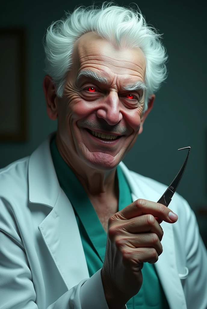 Man with white hair and red eyes, with a slight psychopathic smile, doctor with scalpel. cheered up. cheered up.