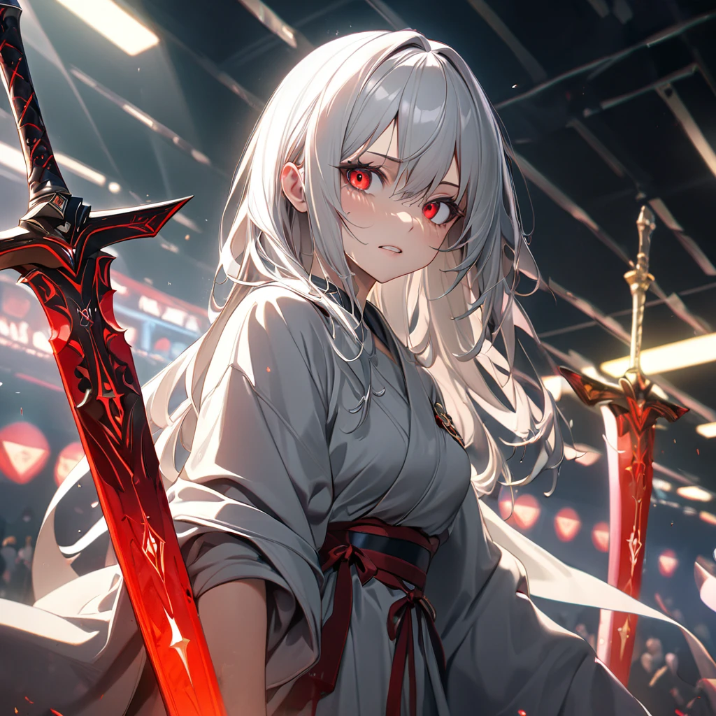 最high quality, wonderful_delicate, wonderful delicate eyes, Super detailed, beautiful, 8k , One girl, Red eyes, evil, Facial Contour,(Absurd, High resolution, Super detailed), masterpiece, The perfect solution, wonderfulディテール, Super Detailed, Cinema Lighting, Ray Tracing, Depth of written boundary, Cinema Lighting, Ray Tracing, 超High resolution, Attention to detail, 最high quality, High resolution, high quality, Awards, Super Detail, masterpiece, 8k, 超High resolution, Attention to detail, 最high quality, High resolution, high quality, Awards, Super Detail, masterpiece, 8k, Digital Art, Anime Coloring,シャープなフォーカス 完璧なボディを持つbeautiful女性, Slim abdomen, Highly detailed face and skin texture, Detailed eyes, albino, ((Long white hair, White skin, Red eyes)), Knight, Black magic sword, (A great sword engraved with red runes.), Crazy Eyes, Troublesome Cheeks, Wearing a gray robe