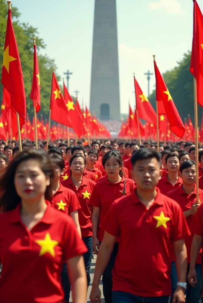 A group of Vietnamese people wearing red shirts with yellow stars and holding national flags are marching on the square to President Ho Chi Minh&#39;s mausoleum.