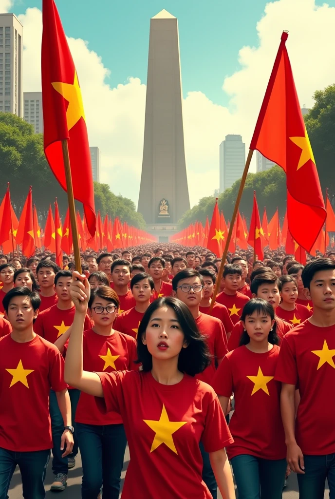 A group of Vietnamese people wearing red shirts with yellow stars and holding national flags are marching on the square to President Ho Chi Minh's mausoleum.