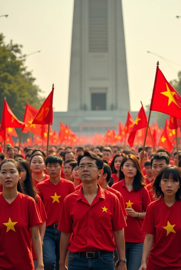 A group of Vietnamese people wearing red shirts with yellow stars and holding national flags are marching on the square to President Ho Chi Minh's mausoleum.