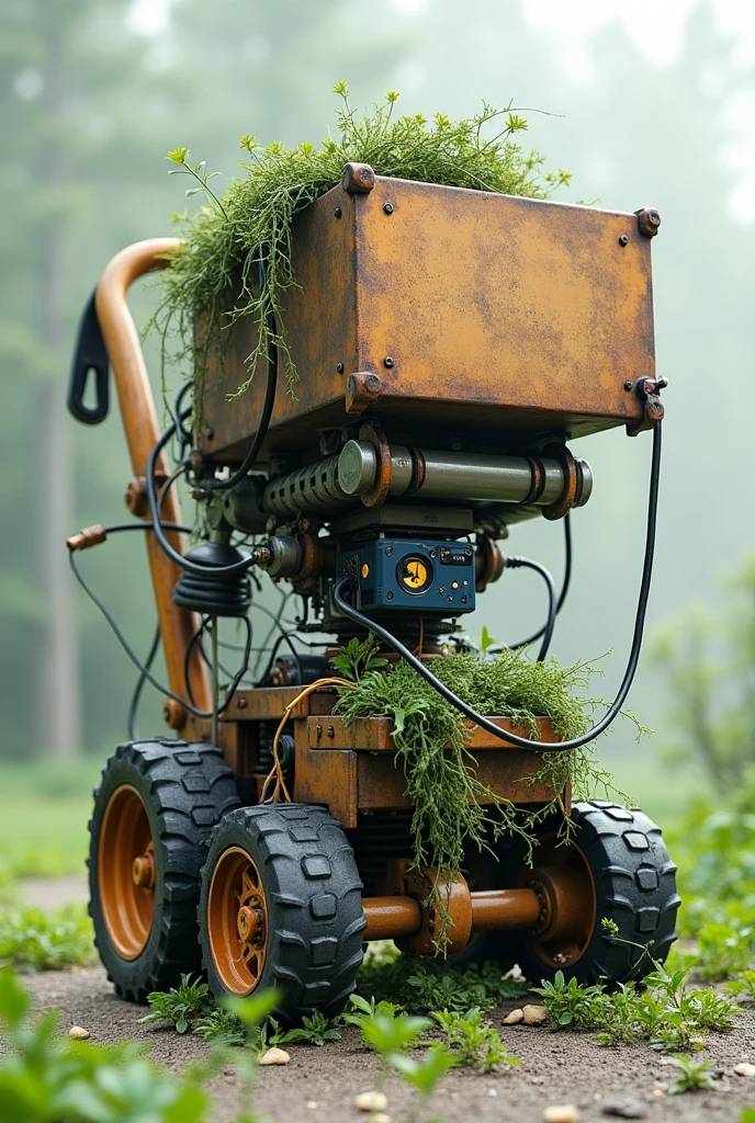 Ek weed peaker ka design jo metal se bana hai which includes wheels, blades for cutting weed, aur woh weed collect kar eaha ho, than battery, servo motor, and Arduino