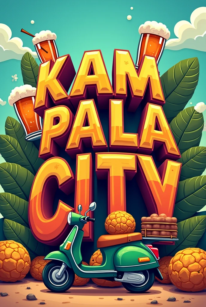 a big colourful, bold, animated illustrative logo font of the phrase "Kampala City" incorpored with glasses of beer, boda boda, and Matooke