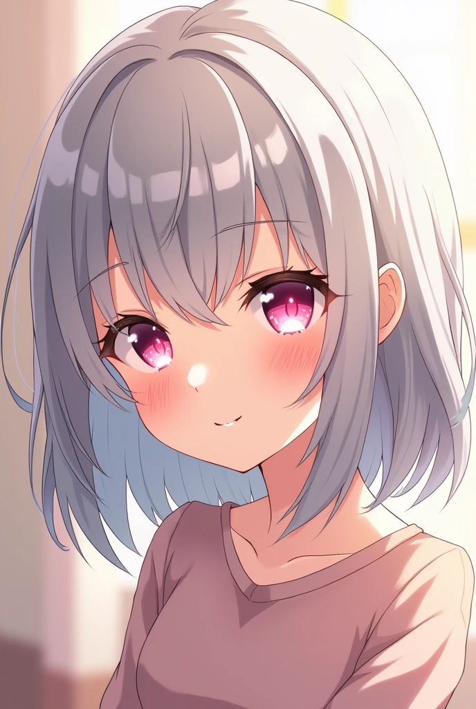 High resolution, Highest quality, Grey Hair, Silver Hair, Medium Hair, Hair that falls over the shoulders, Close your mouth, Pink eyes, smiling, Bright Eyes, Tsundere, Background blur, anime, anime風, Illustration, Ghibli-style colors, 日本のIllustrationスタイル, Parker in gentle colors, Soft Light, Wolf Cut