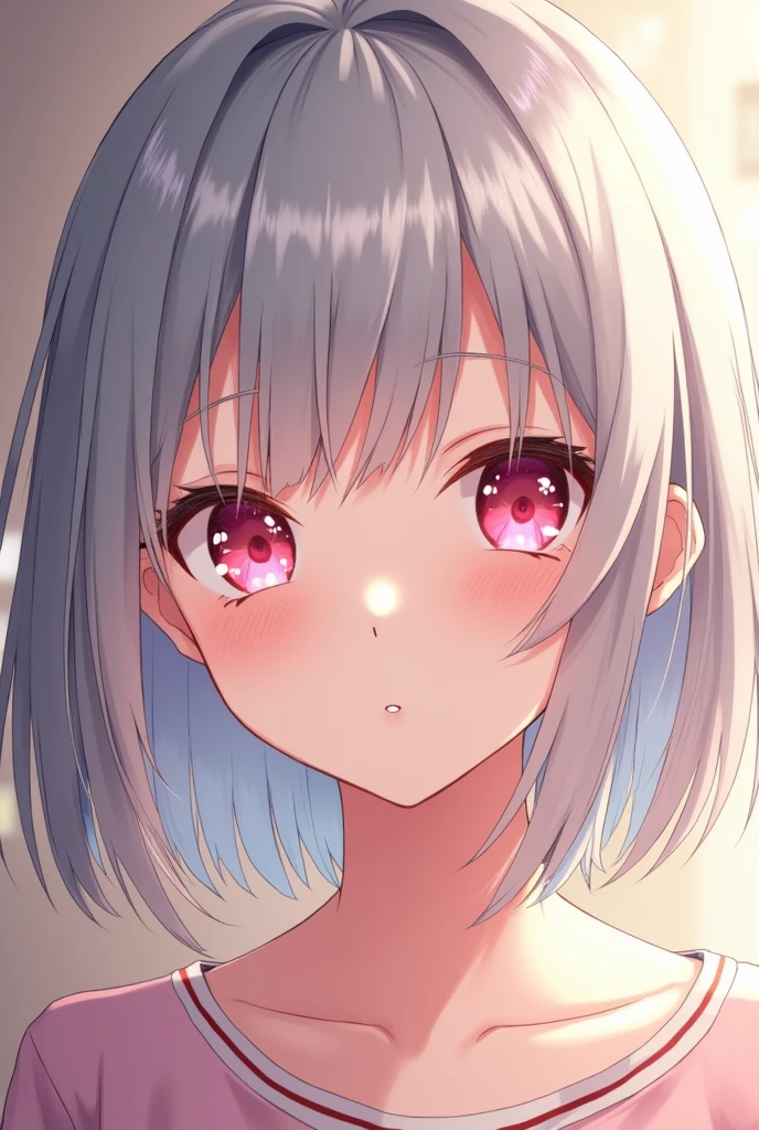 High resolution, Highest quality, Grey Hair, Silver Hair, Medium Hair, Hair that falls over the shoulders, Close your mouth, Pink eyes, smiling, Bright Eyes, Tsundere, Background blur, anime, anime風, Illustration, Ghibli-style colors, 日本のIllustrationスタイル, Parker in gentle colors, Soft Light, Wolf Cut