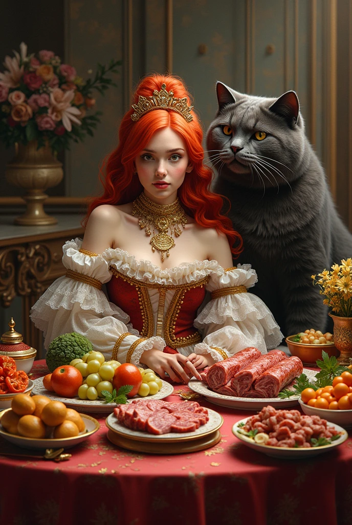Red-haired girl in baroque clothes sitting at a table with food, fruits, meat and a giant cat at his side