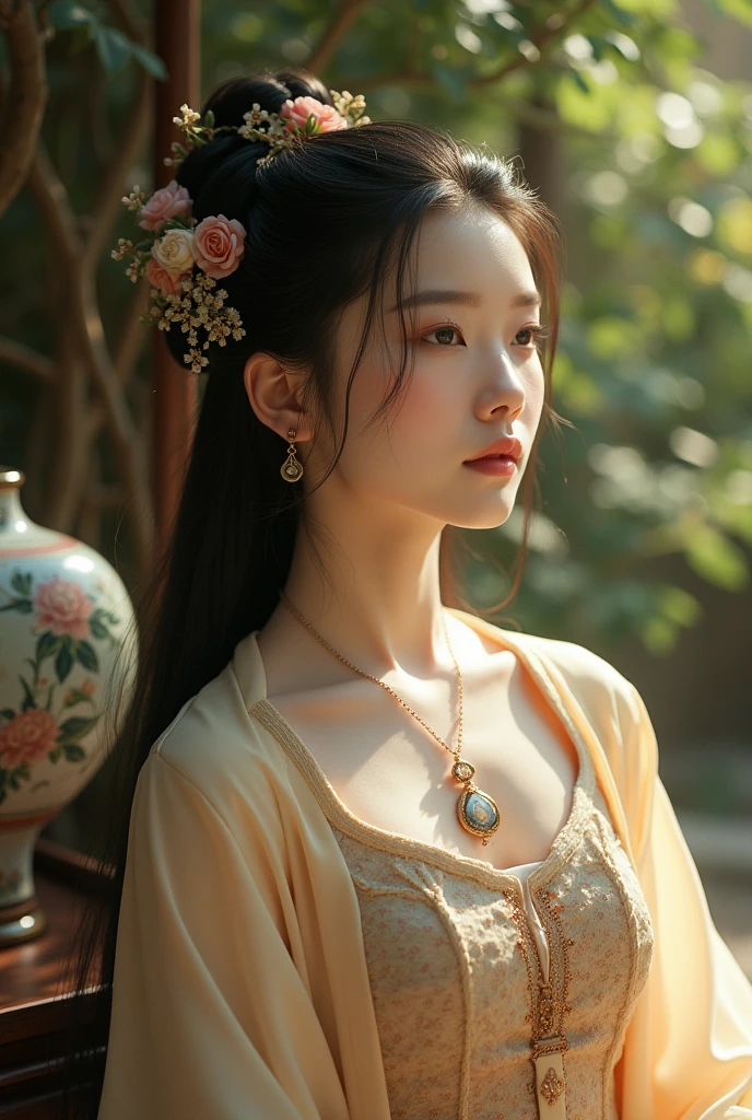 a beautiful girl in traditional chinese dress, detailed face, long hair, elegant posture, antique chinese vase, intricate floral patterns, natural lighting, photorealistic, highly detailed, 8k, ultra-detailed, realistic, masterpiece, cinematic lighting, warm color palette, detailed fabric textures, flowing dress, delicate jewelry, pensive expression, serene atmosphere, natural setting, lush greenery, muted colors