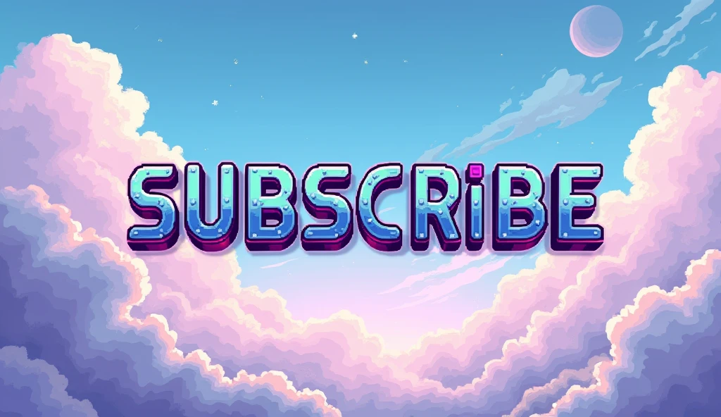 Pixel art for a youtube banner written capital subscribe with stylish robotic font and with a sky background with clouds