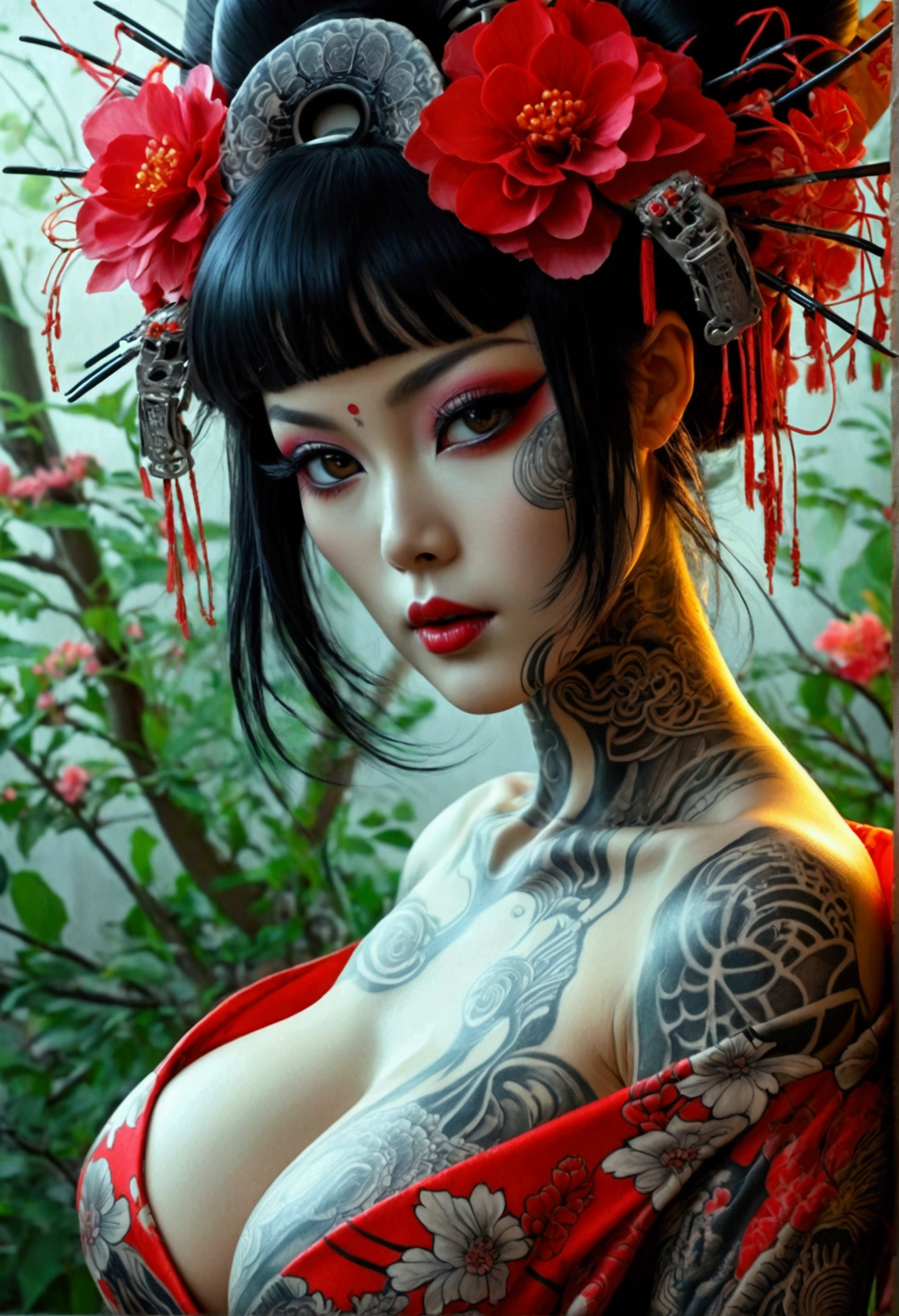 Stunningly gorgeous beautiful perfect hr giger inspired inspired tattooed sexy seductive Geisha , perfect face, hyper detailed vibrant eyes, large breasts, full body view, nude, no color black and gray only,