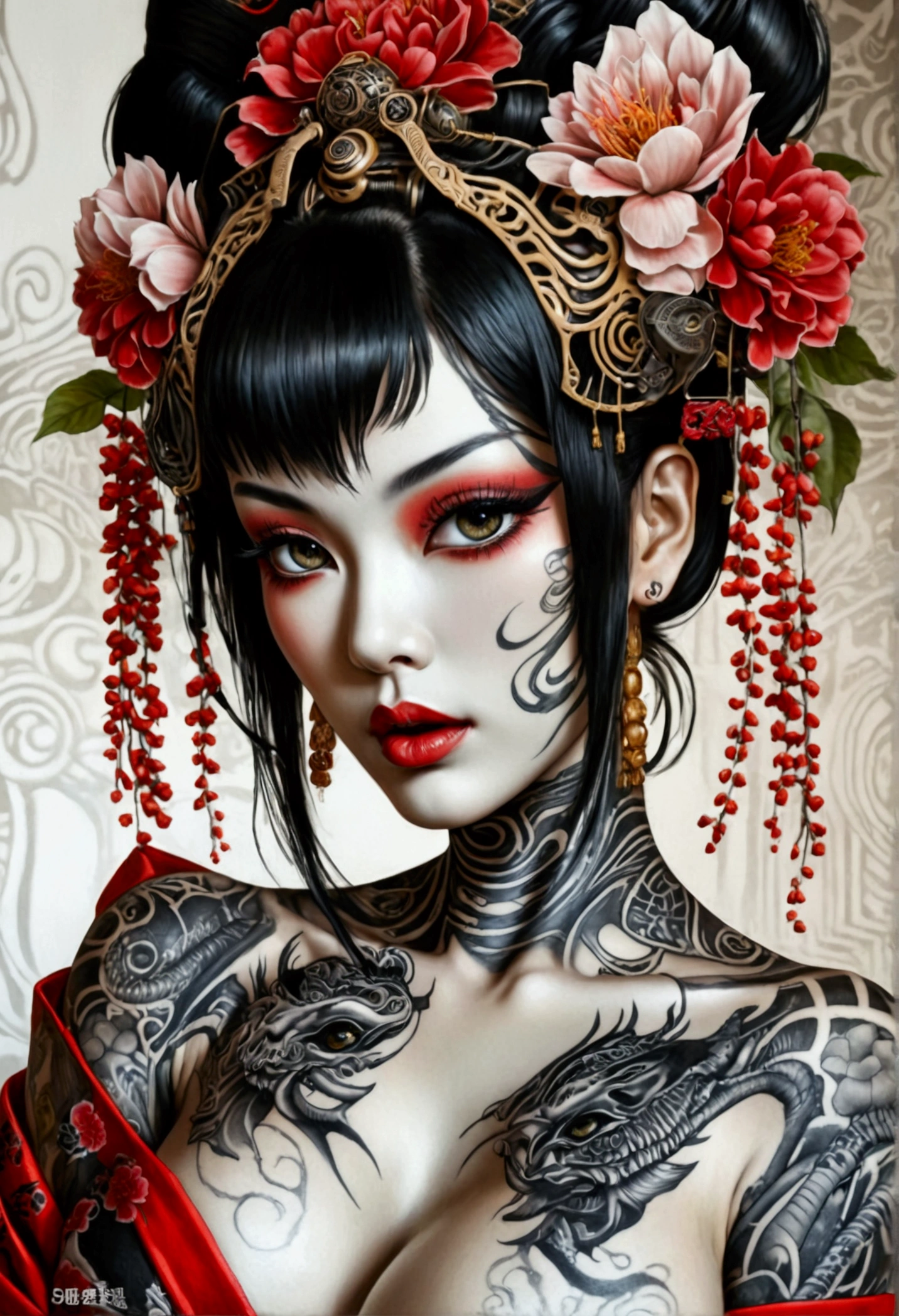 Stunningly gorgeous beautiful perfect hr giger inspired inspired tattooed sexy seductive lulu Geisha , perfect face, hyper detailed vibrant eyes, large breasts, full body view, nude, no color black and gray only,