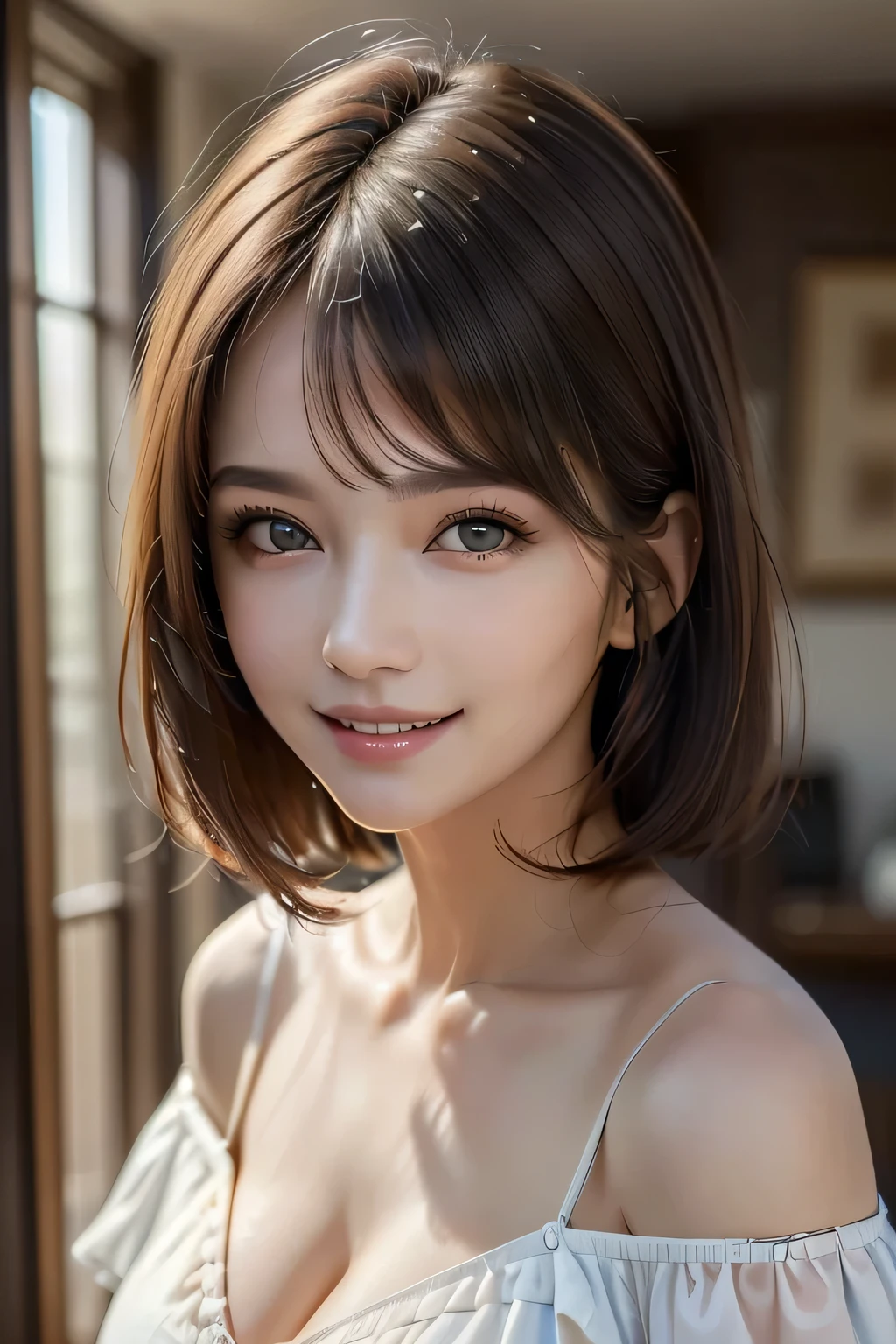 ((Realistic Light, Highest quality, 8k, masterpiece: 1.3)), 1 girl, A beautiful and fruitful year, Brunette Bob, (Big Breasts), Random color off-shoulder cut top: 1.3, Highly detailed face, Beautiful Eyes, double eyelid, smile, Cleavage, Saggy breasts, (My Room), morning