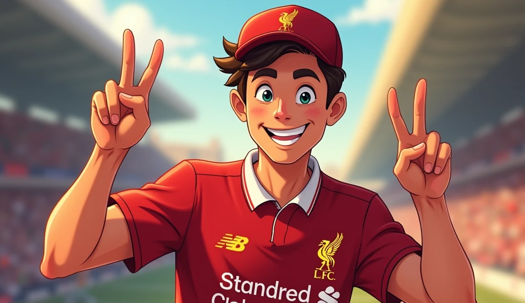 Handsome man with short hair, cheerful, Disney style, holding up two fingers on one hand, wearing a Liverpool cap. Wearing a Liverpool football shirt standing in cartoon style illustration Detailed and colorful High quality, realistic photography dynamic poses color