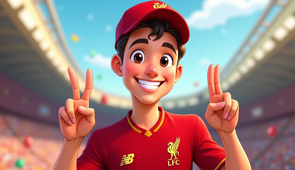 Handsome man with short hair, cheerful, Disney style, holding up two fingers on one hand, wearing a Liverpool cap. Wearing a Liverpool football shirt standing in cartoon style illustration Detailed and colorful High quality, realistic photography dynamic poses color