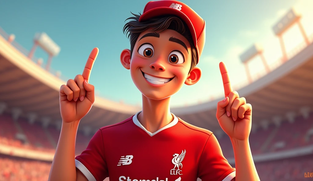 Handsome man with short hair, cheerful, Disney style, holding up two fingers on one hand, wearing a Liverpool cap. Wearing a Liverpool football shirt standing in cartoon style illustration Detailed and colorful High quality, realistic photography dynamic poses color