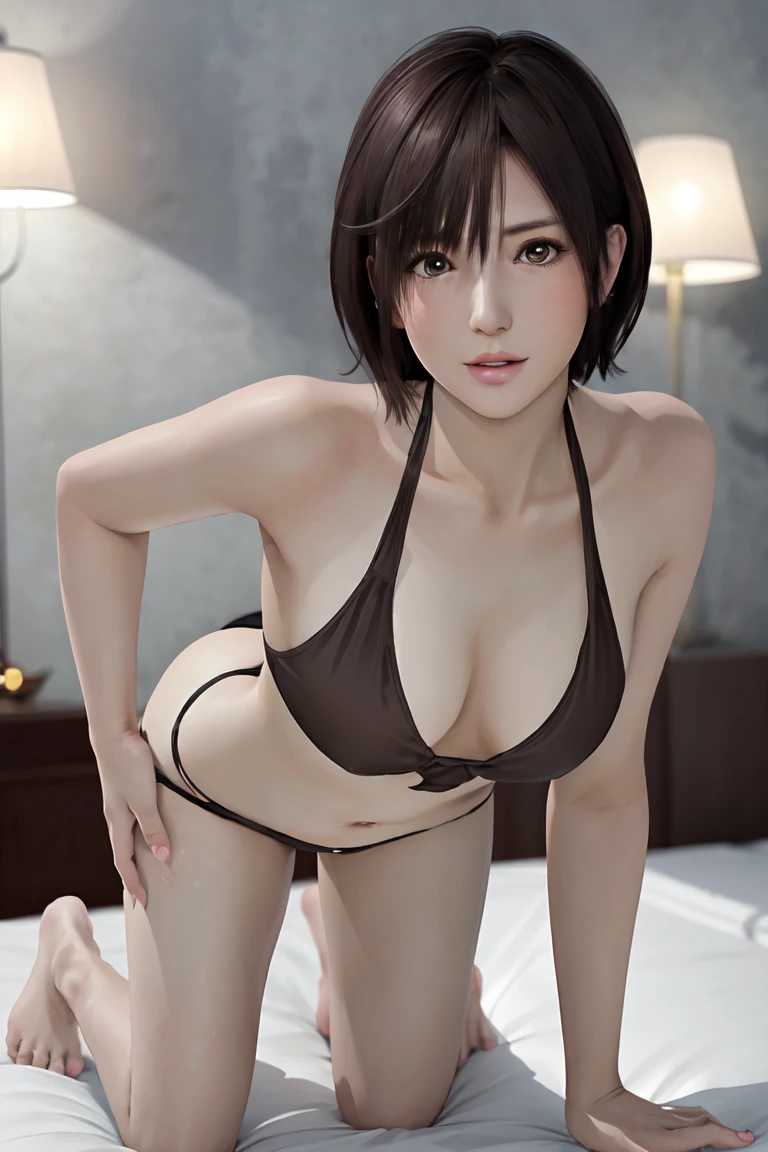 Nagisa, (Representative works:1.3)、(8k、Realistic、RAW Photos、Best image quality:1.4)、Small face、Beautiful Face、(Realistic Face)、No makeup、Natural Makeup、light makeup、 (Dark brown、short hair:1.3)、Beautiful hairstyle、Realistic eyes、Beautiful attention to detail、 (Realisticな肌)、Beautiful Skin、Swimwear、Monokini、good、indoor、On the bed、Sexy pose、expensive、Full body portrait、Looking into the camera、