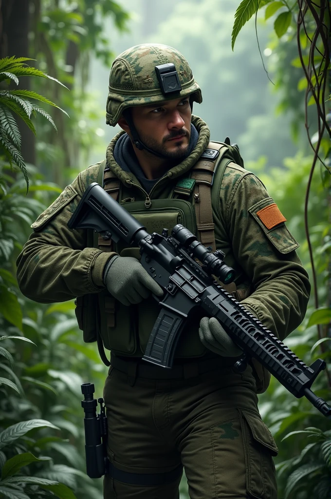 ((masterpiece)). ((best quality)), ((highres)), male focus, private military contractor, solder, mercenary, jungle camouflage battle dress uniform, cigar, aiming and firing an m16 rifle with underbarrel grenade launcher, assault rile, m16a2, m203, intense look on his face, brown hair, short hair, assault vest, jungle backdrop, gritty war atmosphere --auto --s2