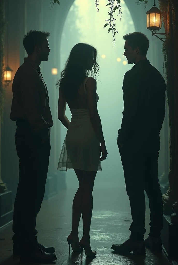 A woman with her back turned looking at the two men