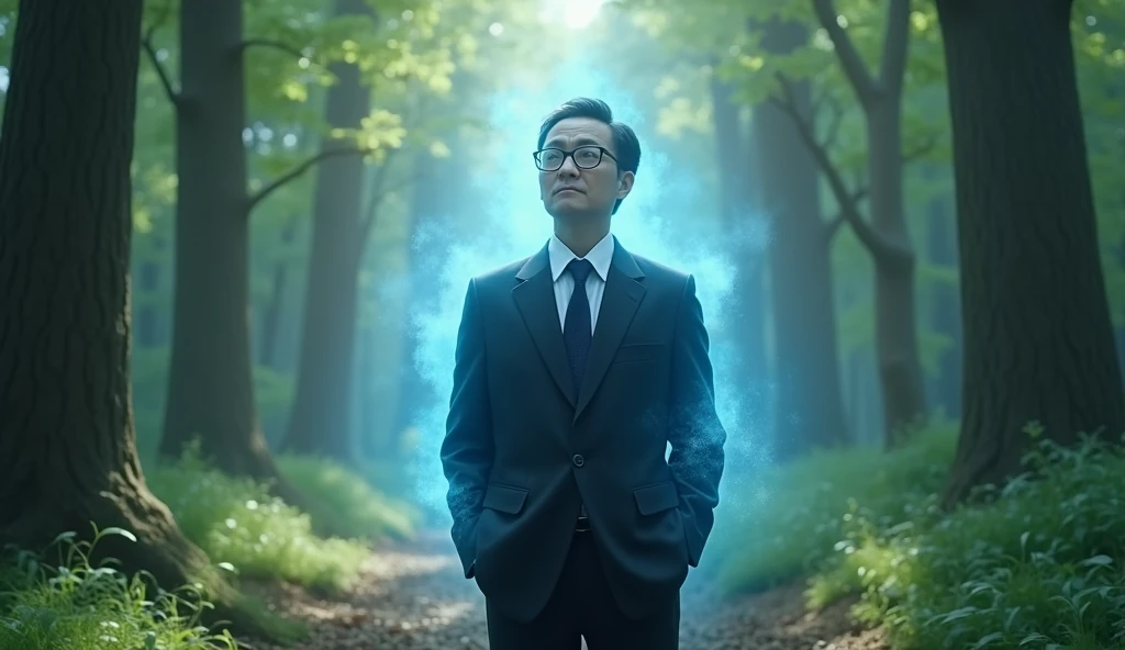An old professor in a suit, glasses that reflect deep ancient wisdom, short hair, and Asian appearance, with a deep blue glow around him, stands among the moles in the morning forest.