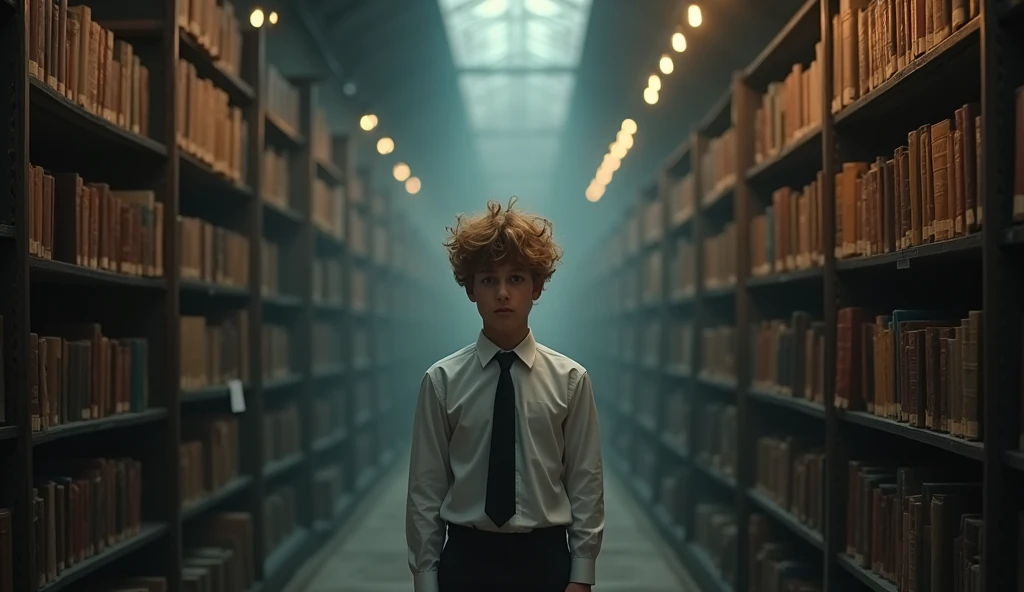 The teenager boy with a bright mop of unruly, sandy brown hair, He is wearing a crisp, school uniform with a white shirt and a black tie. stands in the empty library, his face illuminated by the overhead lights. The bookshelves are filled with dusty volumes, and the air is heavy with silence.