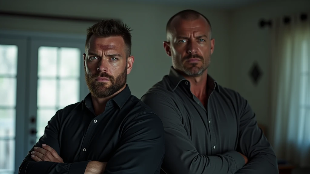 Ultra-realistic portrait of two intimidating-looking Western men. The taller man has a scar on his face and a serious expression. The second man is shorter and stocky, with an equally menacing expression. Both are dressed casually, but with an air of authority.
The men are standing side by side in the living room of a house. Behind them, the background has an open door and a glass window, both overlooking the street showing elements of the exterior of the house, but it should be blurred so as not to distract attention from the main subjects.
The lighting should be soft and natural, with the morning light coming from the side, creating subtle shadows that accentuate the men's serious expression. The light should highlight the scar, the eyes and the texture of the skin, emphasizing the seriousness of the situation.
The image should convey a sense of intimidation and tension, with a touch of urgency. Suggest a neutral color palette, such as grays and blues, that complements the atmosphere of the morning.
The photo should be of high quality, with 8k rendering and extreme detail, capturing the emotional essence of the moment.