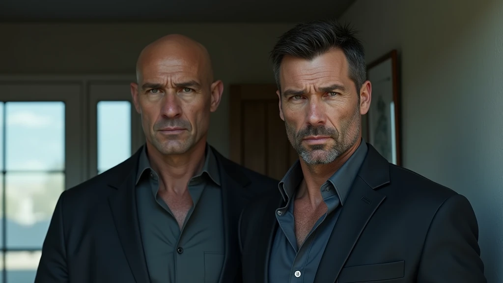 Ultra-realistic portrait of two intimidating-looking Western men. The taller man has a scar on his face and a serious expression. The second man is shorter and stocky, with an equally menacing expression. Both are dressed casually, but with an air of authority.
The men are standing side by side in the living room of a house. Behind them, the background has an open door and a glass window, both overlooking the street showing elements of the exterior of the house, but it should be blurred so as not to distract attention from the main subjects.
The lighting should be soft and natural, with the morning light coming from the side, creating subtle shadows that accentuate the men's serious expression. The light should highlight the scar, the eyes and the texture of the skin, emphasizing the seriousness of the situation.
The image should convey a sense of intimidation and tension, with a touch of urgency. Suggest a neutral color palette, such as grays and blues, that complements the atmosphere of the morning.
The photo should be of high quality, with 8k rendering and extreme detail, capturing the emotional essence of the moment.