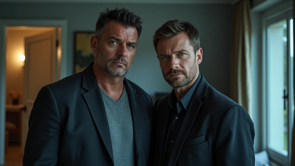 Ultra-realistic portrait of two intimidating-looking Western men. The taller man has a scar on his face and a serious expression. The second man is shorter and stocky, with an equally menacing expression. Both are dressed casually, but with an air of authority.
The men are standing side by side in the living room of a house. Behind them, the background has an open door and a glass window, both overlooking the street showing elements of the exterior of the house, but it should be blurred so as not to distract attention from the main subjects.
The lighting should be soft and natural, with the morning light coming from the side, creating subtle shadows that accentuate the men's serious expression. The light should highlight the scar, the eyes and the texture of the skin, emphasizing the seriousness of the situation.
The image should convey a sense of intimidation and tension, with a touch of urgency. Suggest a neutral color palette, such as grays and blues, that complements the atmosphere of the morning.
The photo should be of high quality, with 8k rendering and extreme detail, capturing the emotional essence of the moment.
